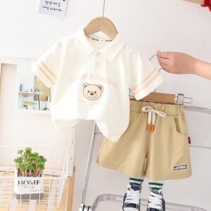 y613 - "Safe and Peaceful" Bear Polo Short Pant Set - 图片 2