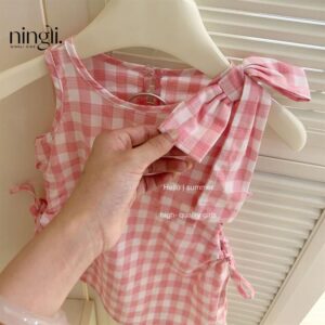 y708 - Pink And White Check Bowknot Vest Skirt - Image 4