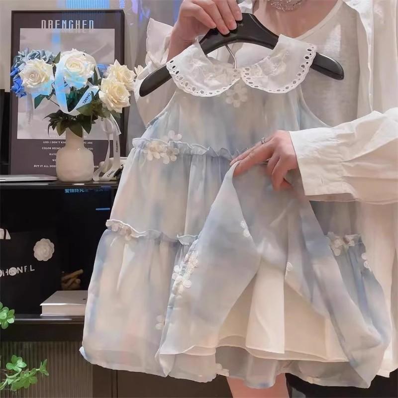 y656 - Blue Floral Embroidered Sleeveless Dress - Image 4