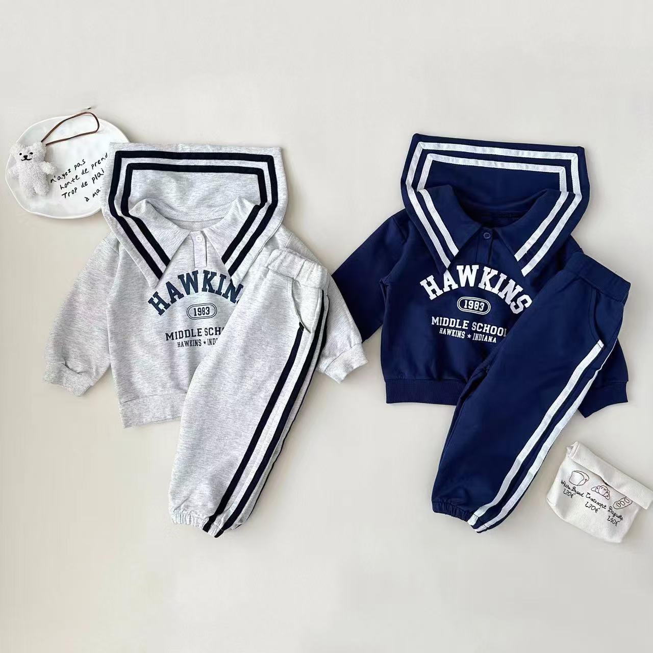 y745 - Striped Lettering Navy Collar Long-Sleeved Top And Pants Set - Image 4