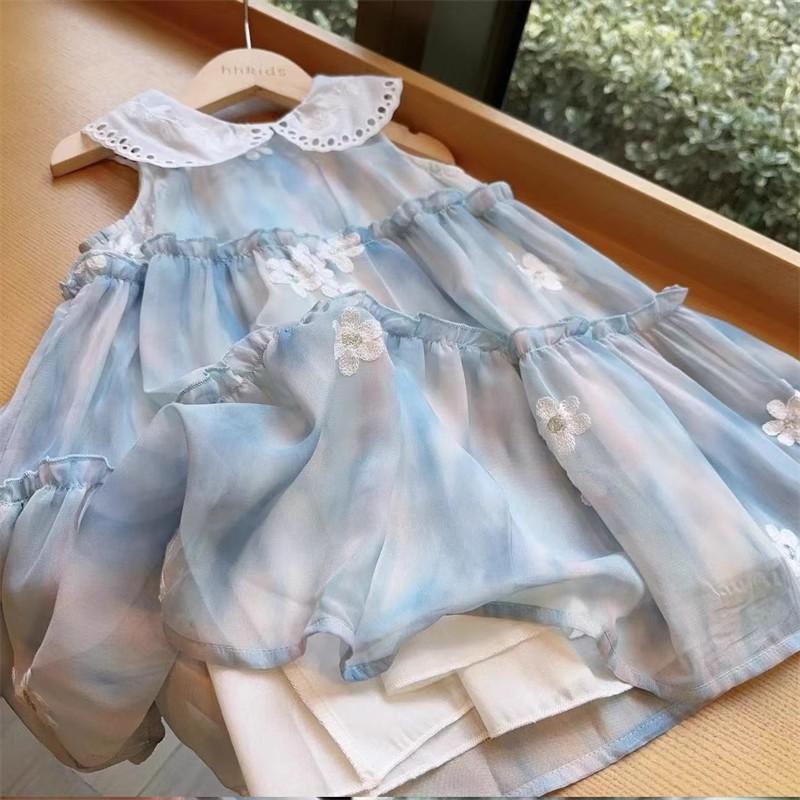 y656 - Blue Floral Embroidered Sleeveless Dress - Image 6