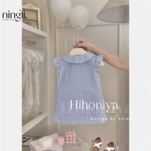 y711 - Blue Plaid Peter Pan Collar Dress With Small Flying Sleeves - 图片 3