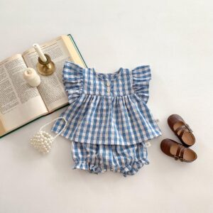 y721 - Cotton Thin Plaid Short Sleeve Shorts Set - Image 5