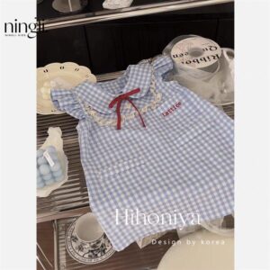 y711 - Blue Plaid Peter Pan Collar Dress With Small Flying Sleeves - 图片 4