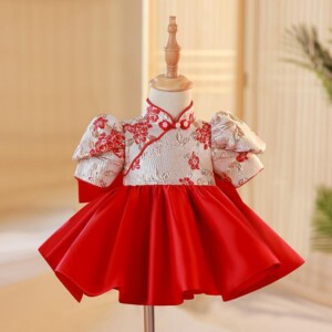 y599 -  CNY Collections -  Floral Puff Sleeve Red Flower Princess Dress