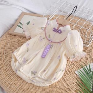 y585 - CNY Collections _ Chinese Style Purple Flowers Cheongsam Puff Sleeves Romper & Dress - 图片 5