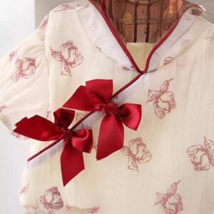 y516 - CNY Collections _ Chinese Style Cheongsam Double Ribbon Short Sleeves Flowers Dress - 图片 5