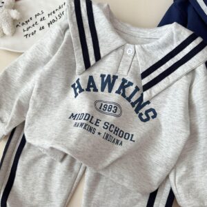 y745 - Striped Lettering Navy Collar Long-Sleeved Top And Pants Set - 图片 12