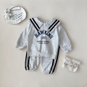 y745 - Striped Lettering Navy Collar Long-Sleeved Top And Pants Set - 图片 9