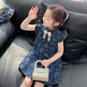 y604 - CNY Collections - Denim Flying Sleeves Cheongsam Dress - 图片 4
