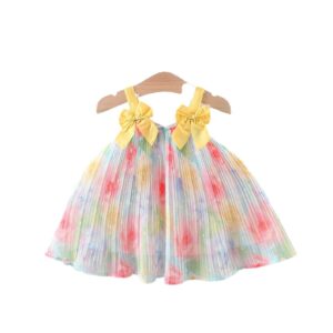 y500 - Yellow Ribbon Colorful Flower Sling Dress - 图片 5