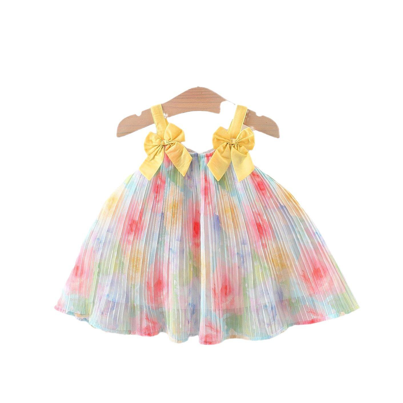 y500 - Yellow Ribbon Colorful Flower Sling Dress - Image 5
