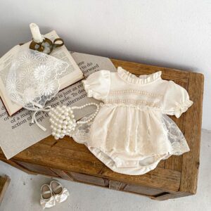 y733 - Waffle Lace Short-Sleeved Romper - 图片 2