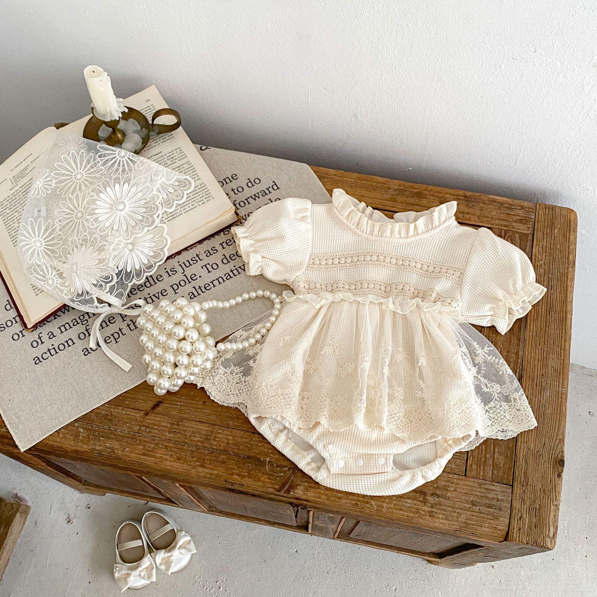 y733 - Waffle Lace Short-Sleeved Romper - Image 2