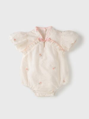 y693 - CNY Collections _ Mini Pink Flower Puff Sleeves Romper - 图片 1