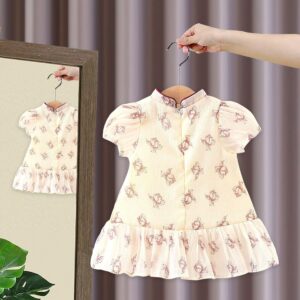 y516 - CNY Collections _ Chinese Style Cheongsam Double Ribbon Short Sleeves Flowers Dress - 图片 4