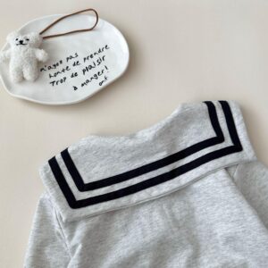 y745 - Striped Lettering Navy Collar Long-Sleeved Top And Pants Set - 图片 13