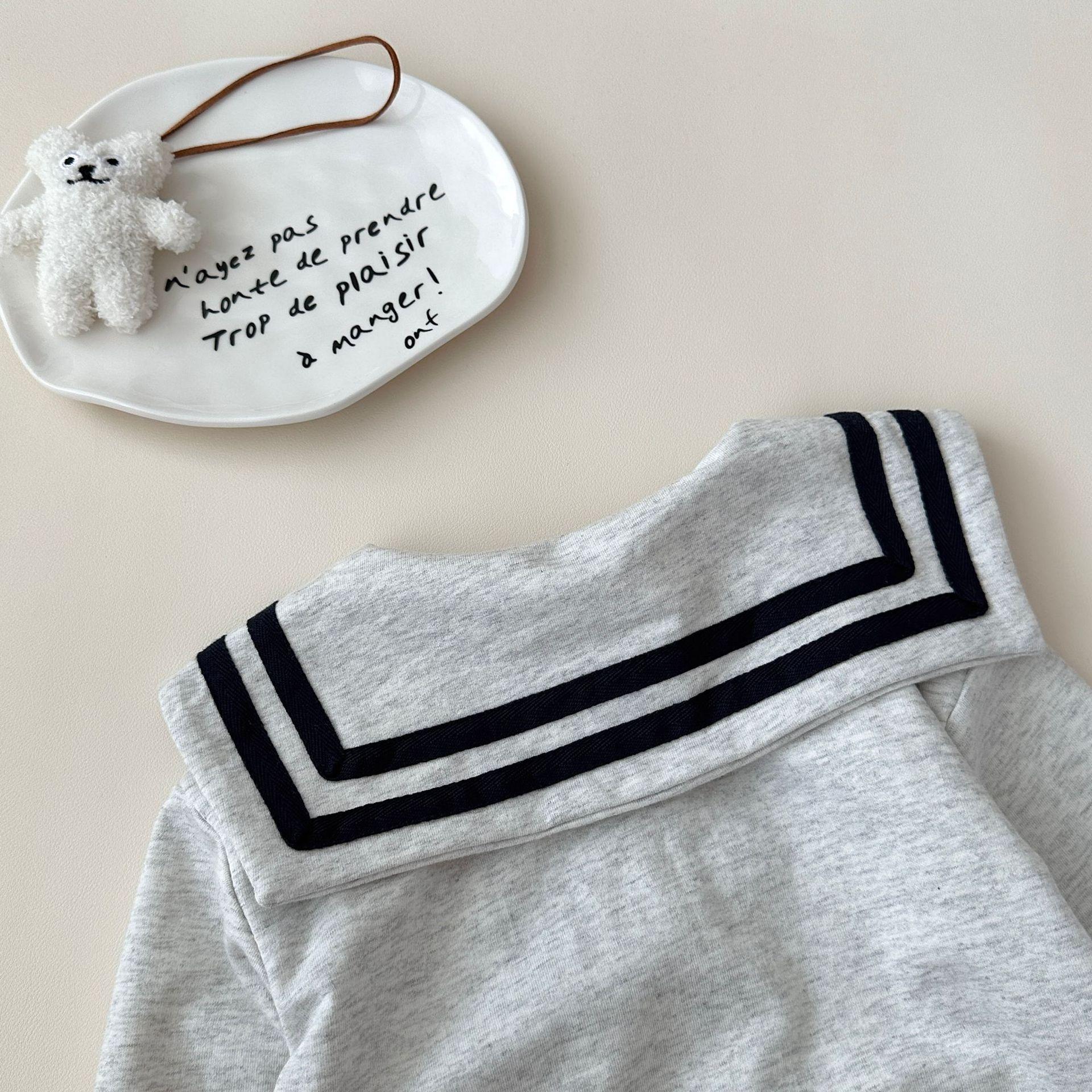 y745 - Striped Lettering Navy Collar Long-Sleeved Top And Pants Set - Image 13