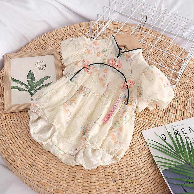 y584 - CNY Collections _ Golden Thread Embroidery Flowers Cheongsam Puff Sleeves Romper & Dress - Image 6