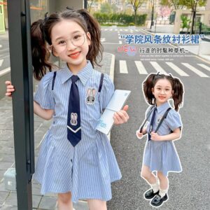 y712 - Short-Sleeved Preppy Shirt Dress - 图片 1
