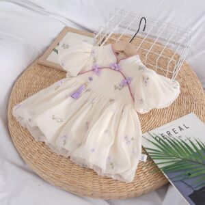 y585 - CNY Collections _ Chinese Style Purple Flowers Cheongsam Puff Sleeves Romper & Dress - 图片 4