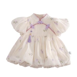 y585 - CNY Collections _ Chinese Style Purple Flowers Cheongsam Puff Sleeves Romper & Dress - 图片 6