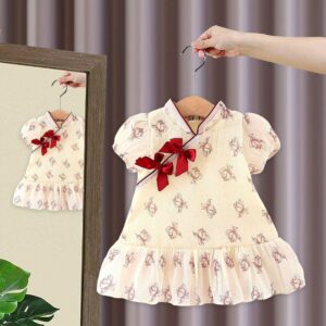 y516 - CNY Collections _ Chinese Style Cheongsam Double Ribbon Short Sleeves Flowers Dress - 图片 3
