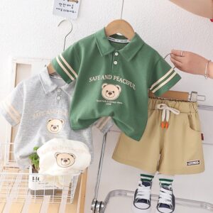 y613 - "Safe and Peaceful" Bear Polo Short Pant Set - 图片 1