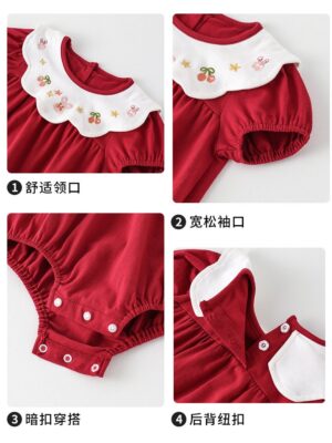 y751 - Rabbit & Cherry Short Sleeves Red Romper - 图片 7