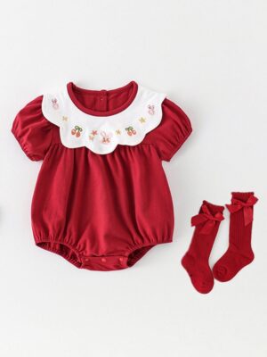 y751 - Rabbit & Cherry Short Sleeves Red Romper - 图片 2