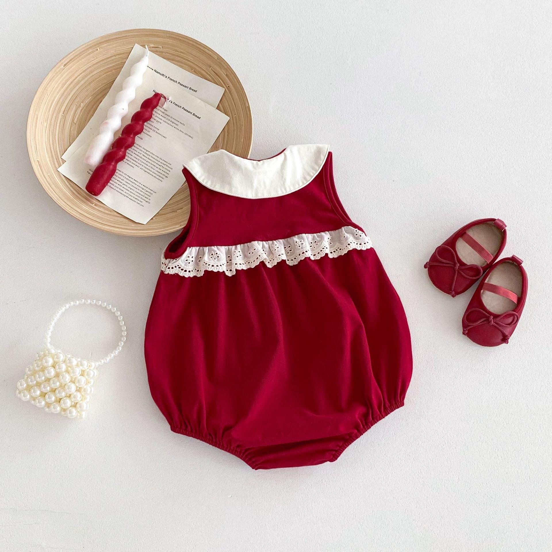 y752 - Sleeveless Lace Ribbon Red Romper - Image 3
