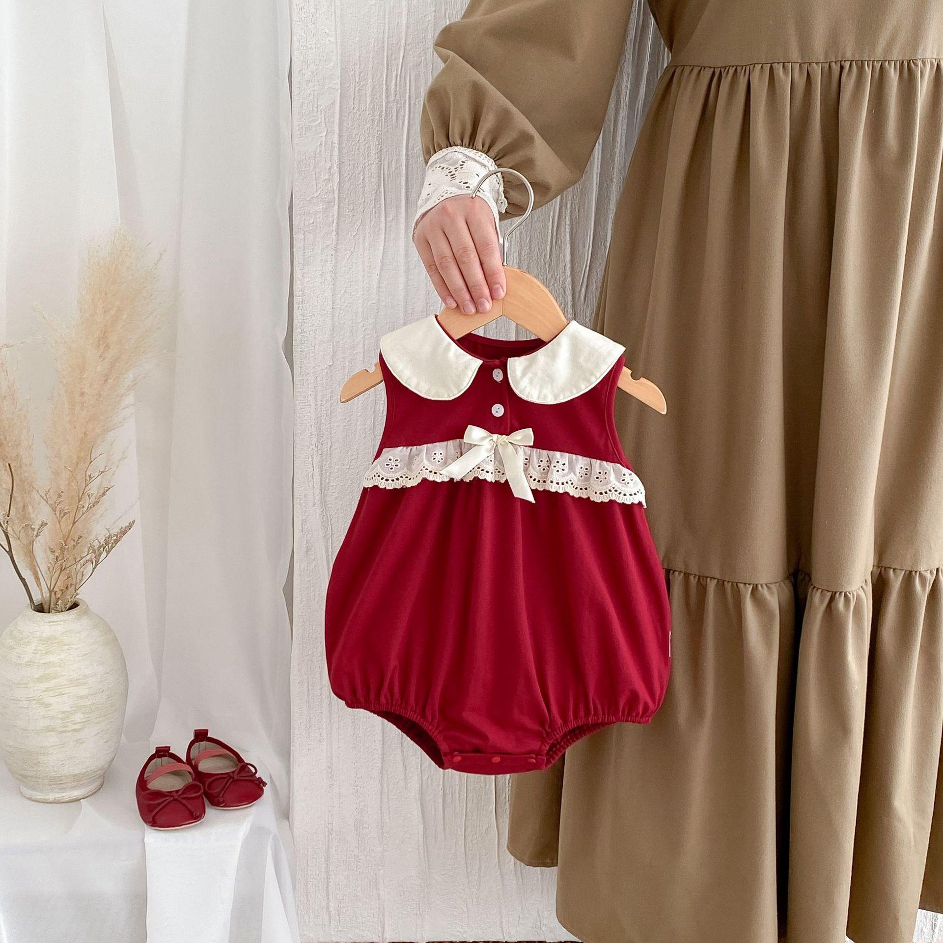 y752 - Sleeveless Lace Ribbon Red Romper - Image 2