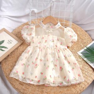 y753 - Tulip Cheongsam Gauze Puff Sleeves Romper & Dress - 图片 2