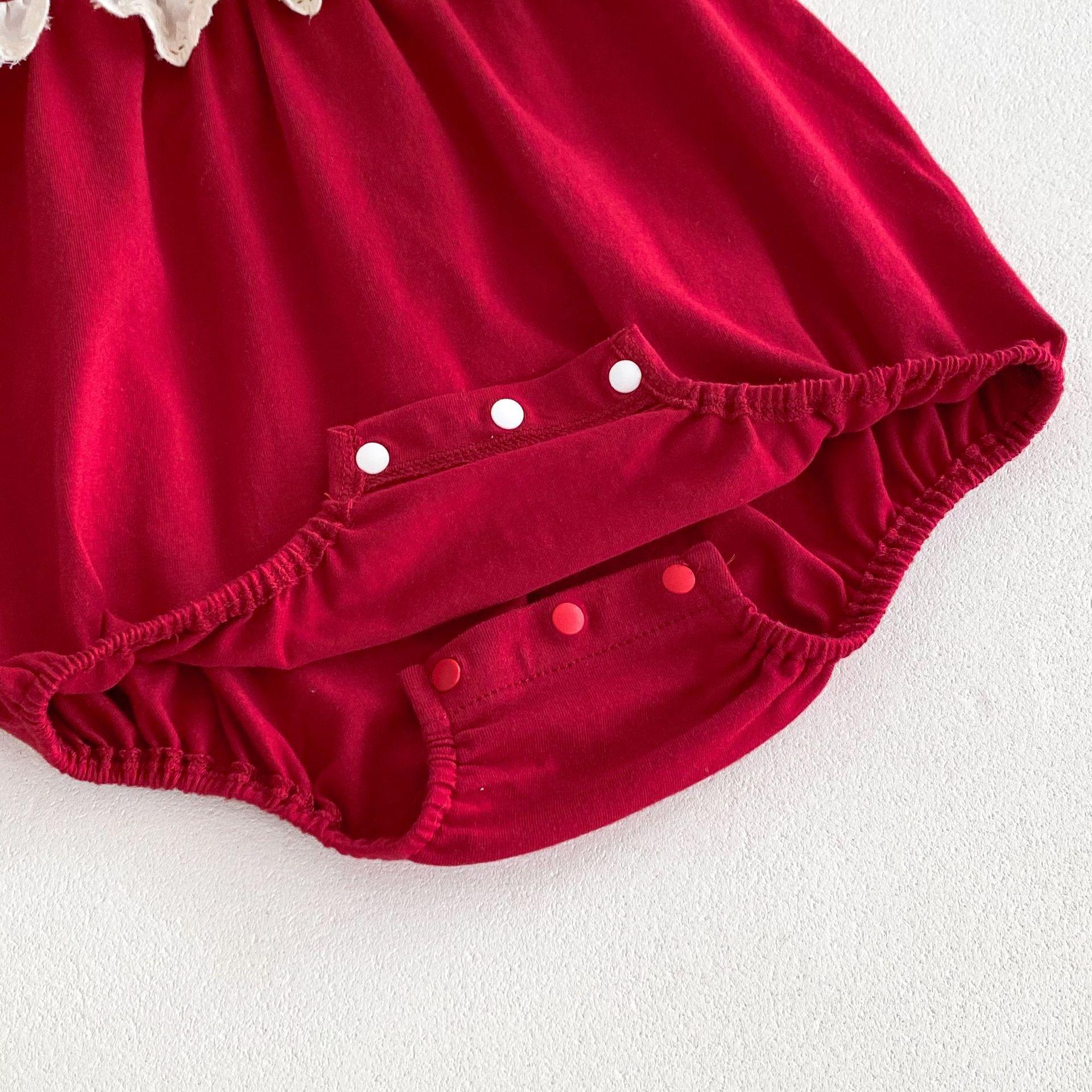 y752 - Sleeveless Lace Ribbon Red Romper - Image 4