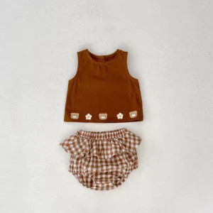 y815 - Bear Print Vest Top + Ruffled Briefs 2-Piece Set - 图片 9