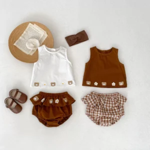 y815 - Bear Print Vest Top + Ruffled Briefs 2-Piece Set - 图片 13