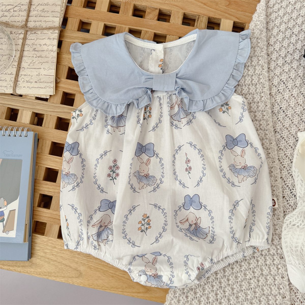 y1047 - Blue Collar Bunny Romper + Socks Set - Image 4
