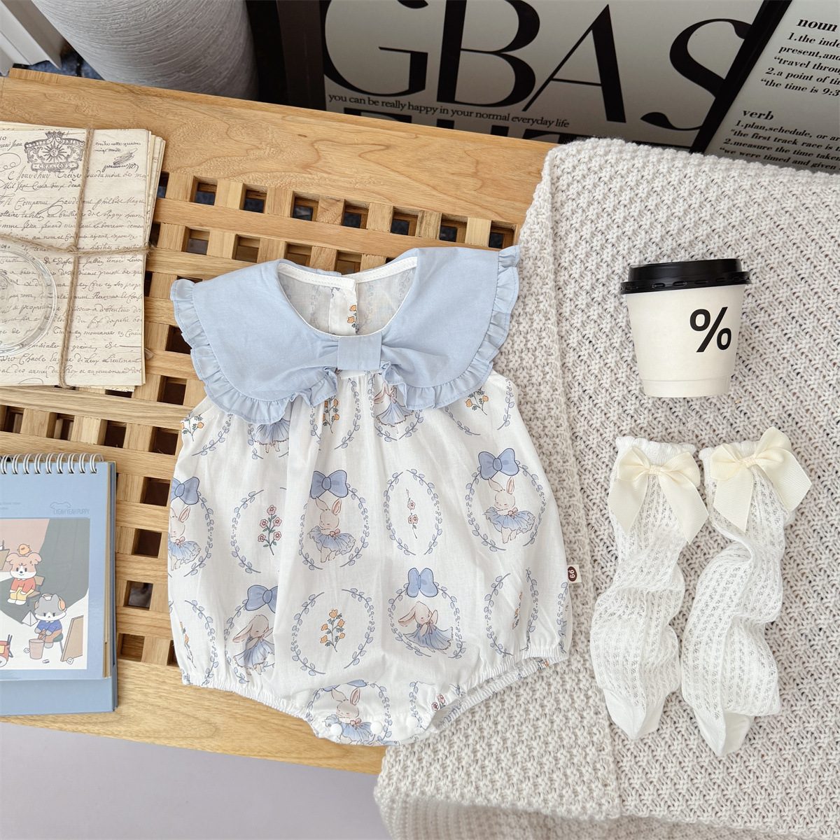 y1047 - Blue Collar Bunny Romper + Socks Set - Image 1