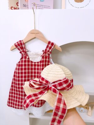 y1187 - Red Plaid Lace Dress With Hat - 图片 2