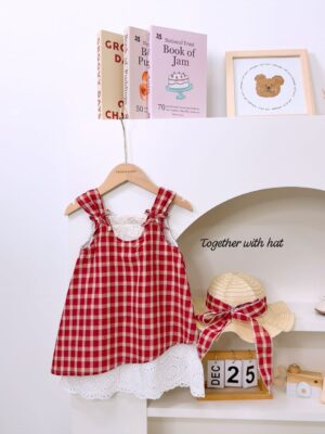 y1187 - Red Plaid Lace Dress With Hat