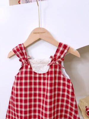 y1187 - Red Plaid Lace Dress With Hat - 图片 3