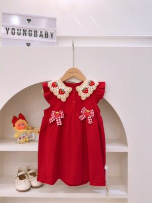 y1191 - Strawberry Plaid Ribbon Red Dress - 图片 1