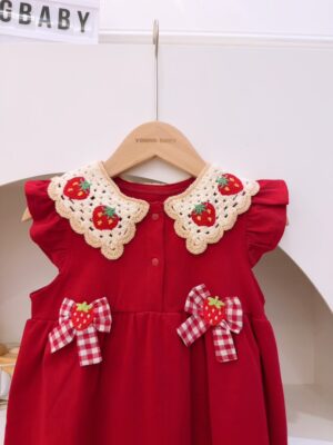 y1191 - Strawberry Plaid Ribbon Red Dress - 图片 3