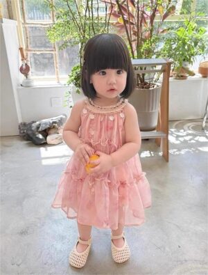 y1193 - Halter Neck Pink Floral Princess Dress - 图片 2