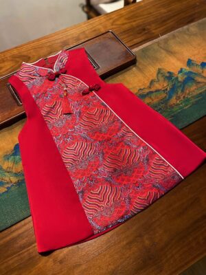 y1199 - CNY Premium Pink & Red Cheongsam Dress With Hair Clip - Image 6