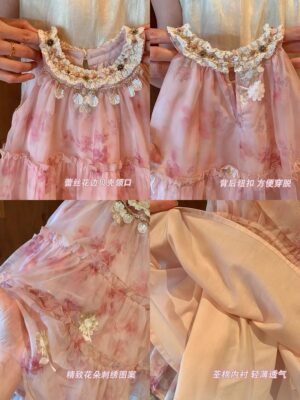 y1193 - Halter Neck Pink Floral Princess Dress - 图片 5