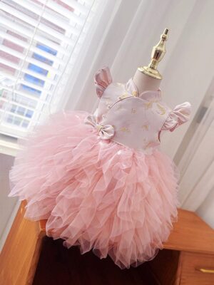 y1198 - CNY Premium Pink Cheongsam Tutu Dress With Hair Clip - 图片 4