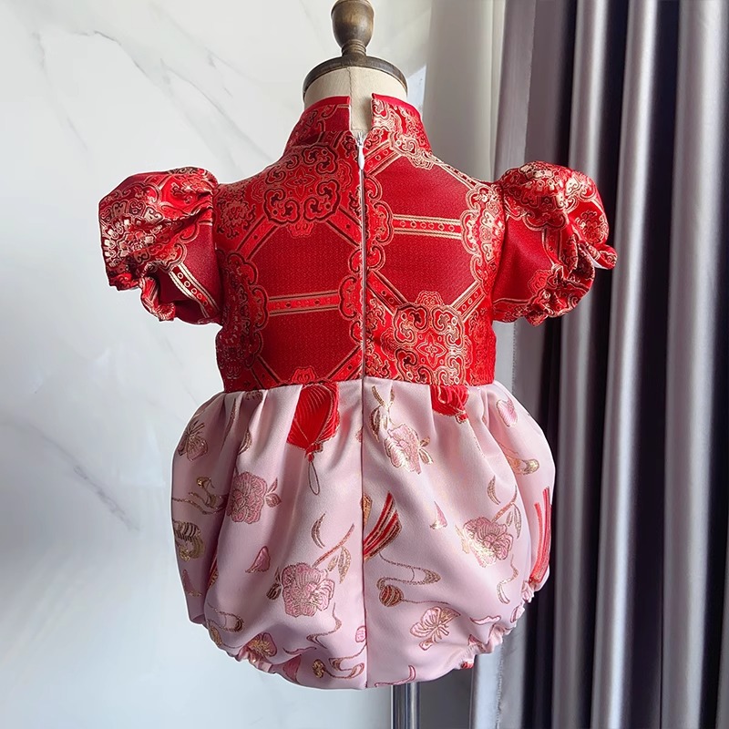 y1207 - CNY Premium Red Puff Sleeves Romper - Image 3