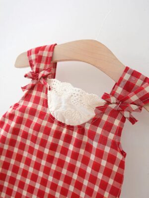 y1187 - Red Plaid Lace Dress With Hat - 图片 5