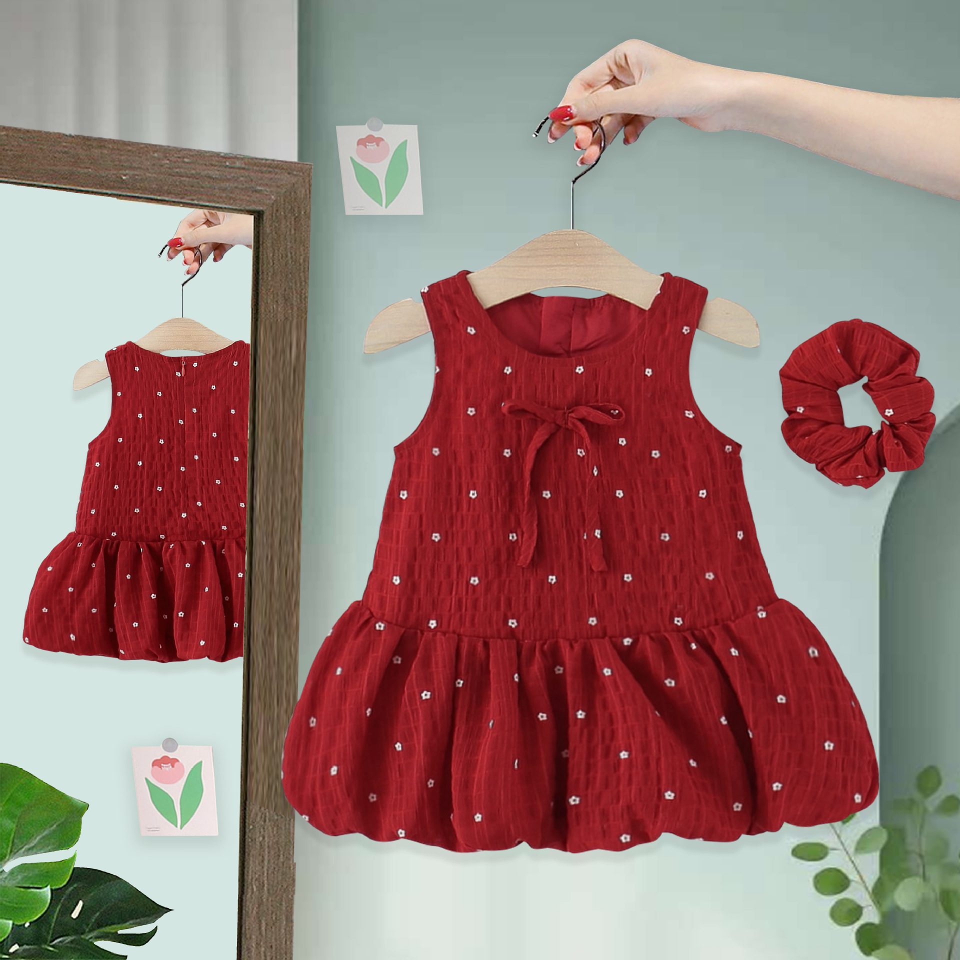 y1157 - Mini Flower Red Dress With Headband - 图片 3